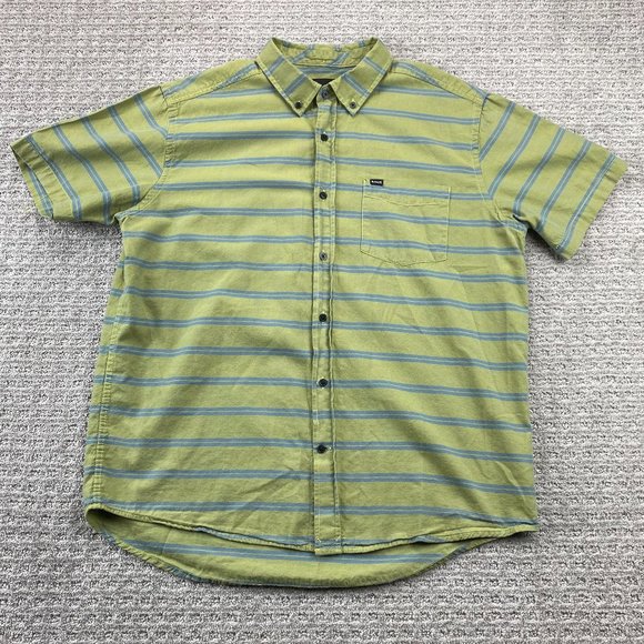 Hurley Shirt Men Medium Large L Green Blue Striped Button Down Short Sleeve Surf - Picture 1 of 12